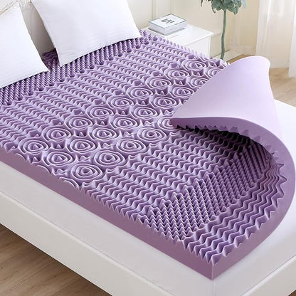 MUXHOMO 3-Inch King Mattress Topper, 7-Zone Egg Crate Foam for Back Pain Relief, Cooling Gel-Infused Lavender Bed Pad, CertiPUR-US & Oeko-TEX Certified