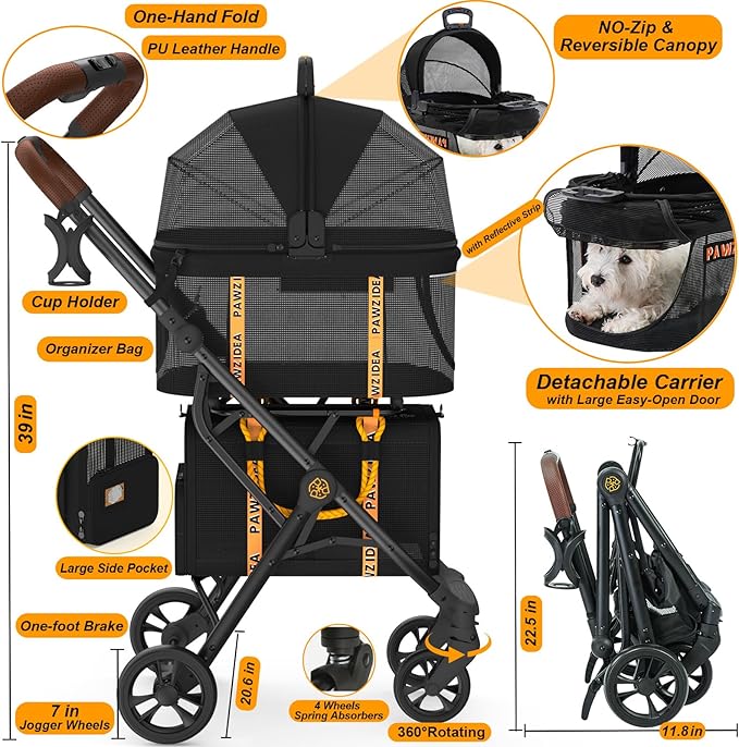 PAWZIDEA Double Pet Stroller with 2 Detachable Carriers, Portable Dog Crate for Car Travel & TSA-Approved Expandable Cat Carrier, Foldable Lightweight Jogger Stroller for 2–4 Cats or Small/Medium Dogs-Mewly Pet