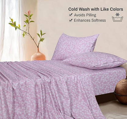 RUVANTI Flannel Sheets California King Size - 100% Cotton Brushed Cal King Bed Sheets Set - Deep Pockets 14 Inches - All Seasons Breathable & Extra Soft - Warm & Cozy, 4 Piece, Pink Flora