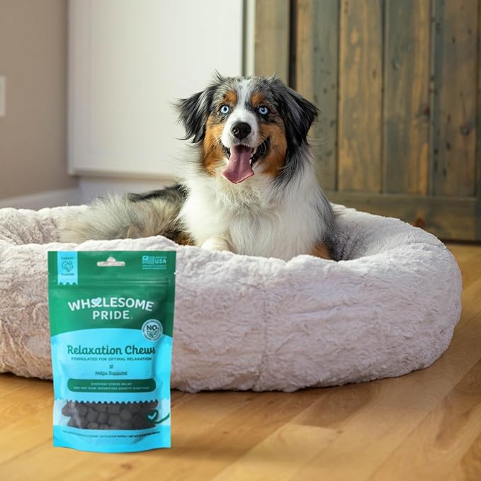 Wholesome Pride Calming Supplement for Dogs - 90 Soft Chews - Natural Anxiety Relief, Separation & Noise Stress Support with Herbal Ingredients, No Melatonin, Non-Drowsy-Mewly Pet