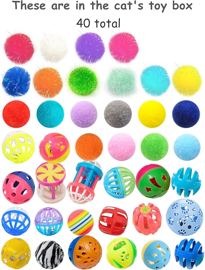 40-Piece Cat Toy Variety Pack for Indoor Cats and Kittens, Bouncy Paws (1.5'' - 2.2'', Cat Toys Deluxe Pack)-Mewly Pet