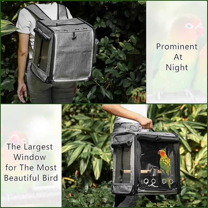 Suertree Bird Carrier with Seat Belt for Car Travel, Bird Backpack Carrier with Indestructible Stainless Steel Mesh, Large Bird Carrier Travel Cage, Grey-Mewly Pet