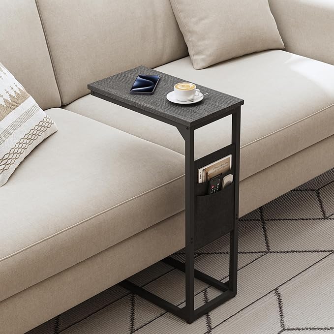 TUTOTAK C Shaped End Table, Side Table for Couch, Sofa Table with Storage Bag, TV Tray for Living Room, Bedroom, Black TB01BK0822