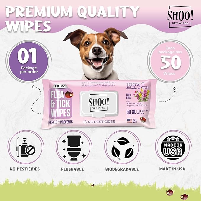 Shoo! Flea & Tick Wipes for Dogs | Convenient, Easy On-The-Go Protection | Plant Based, Natural Oils, Chemical Free | Repels & Prevents | 50 XL Wipes | (Floral Bliss)-Mewly Pet