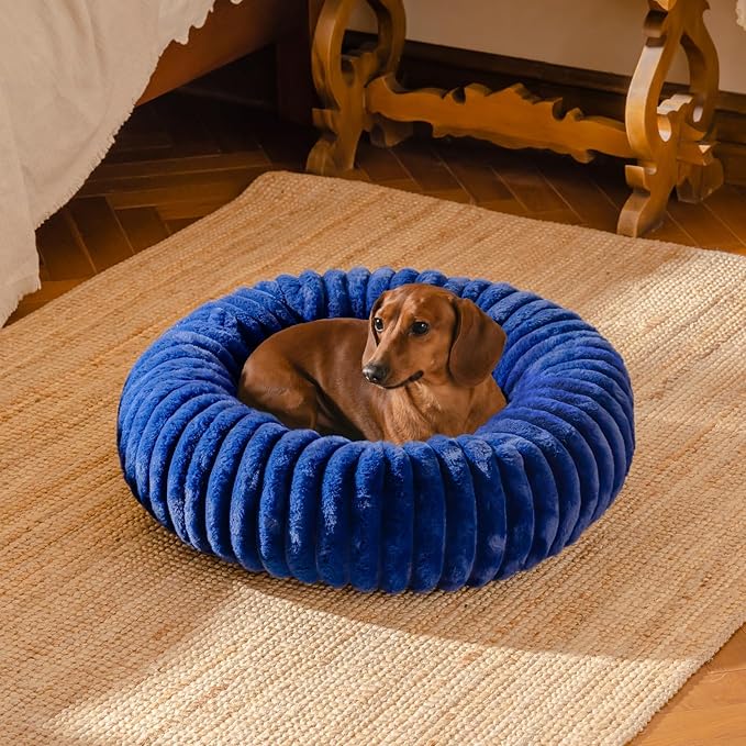 MEWOOFUN Donut Dog Beds for Small Dog, Calming Bed Round Cute Puppy Bed with Non-Slip Bottom, Fluffy Washable Pet Bed for Puppy and Kitten (Navy Blue, S (25x25x7))-Mewly Pet