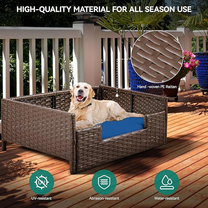 YITAHOME Rattan Dog Sofa Bed with Cushion, Wicker Pet Bed Sofa Couch Indoor Outdoor Waterproof for Large Medium Small Dogs Cats (38.6''L*26.4''W*15''H,Blue)-Mewly Pet