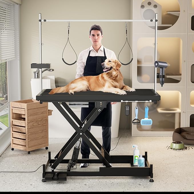 Electric Pet Grooming Table for Large Dogs - Professional Heavy Duty Height Adjustable Pet Grooming Station with Anti Slip Tabletop, Two Nooses & Tool Organizer, Maximum Capacity Up to 250 lbs Black-Mewly Pet