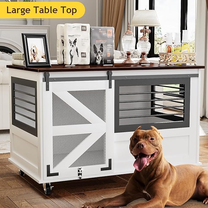 47 inch XL Dog Crate Furniture with Top-Access Teasing/Feeding Doors, Farmhouse Wooden Decorative Dog Crates with Wheels, Chew-Resistant Dog Crates End Table for Medium&Large Dogs, White-Mewly Pet
