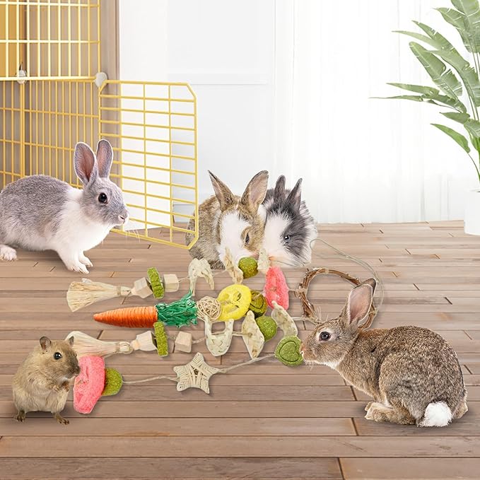 Rabbit Chew Toys Bunny Cage Hanging Toy and Treats Rattan Ring with Snacks for Rodent Pets Teeth Healthy-Mewly Pet