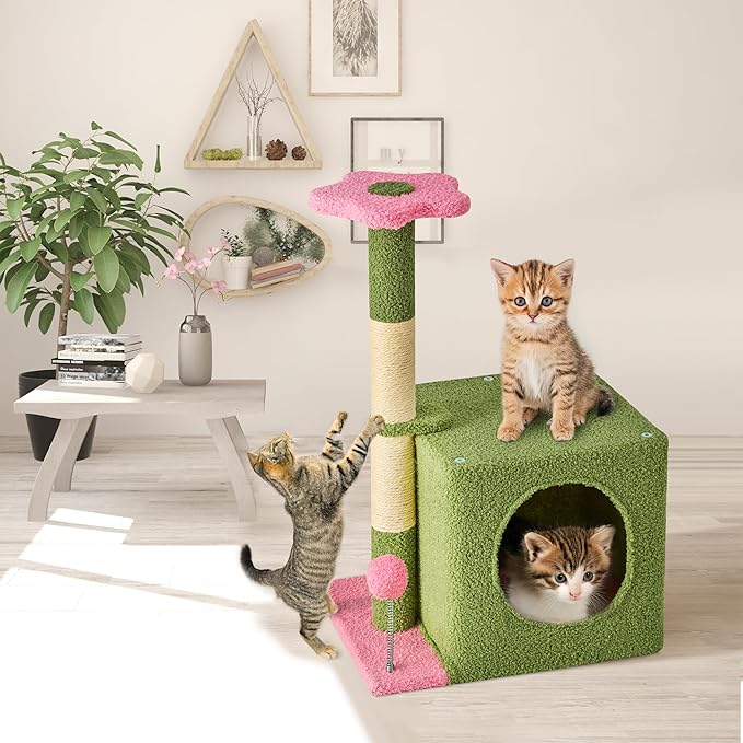 24 Inch Cat Tree Condo for Indoor Cats with Floral Sisal Scratching Post, Plush Hang Ball Play Furniture for Kittens Cats, Pink-Mewly Pet