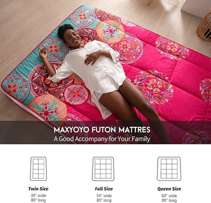 MAXYOYO Bohemian Style Futon Mattress, Padded Japanese Floor Mattress Quilted Bed Mattress Topper, Extra Thick Folding Sleeping Pad Breathable Floor Lounger Guest Bed for Camping Couch, Red, Twin