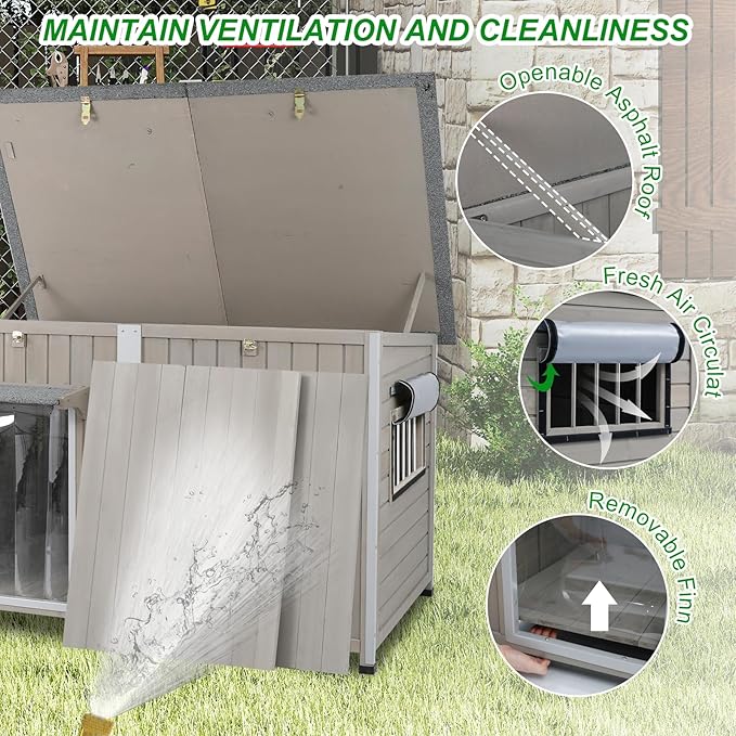 Dog House Outdoor Weatherproof & Wooden Dog Kennel with Chew-Proof Iron Frame，Removable Floor, Adjustable Vent Window, Easy Assembly for Large and Extra-Large Dogs 55.1" D x 33.1" W x 34.8" H-Mewly Pet