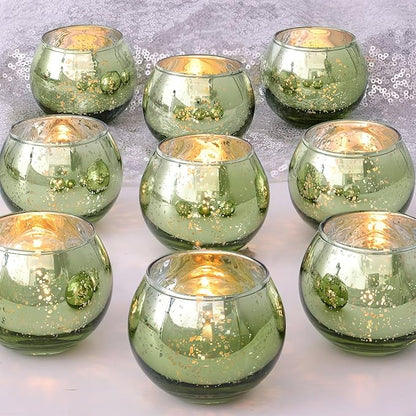 LAMORGIFT 12 PCS Green Votive Candle Holders- Mercury Glass Candle Holders for Sage Green Wedding Decor, Green Tea Light Candle Holders for Vintage Wedding, Engagement, Rehearsal Dinner Table Decor