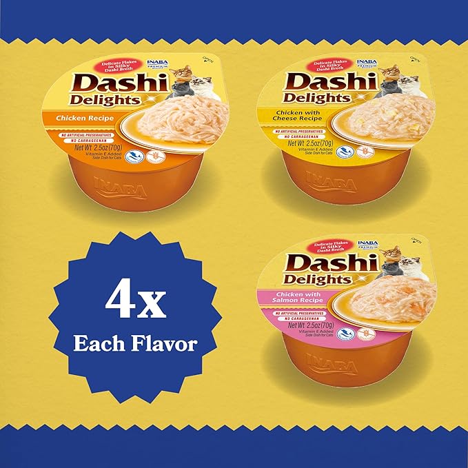 INABA Dashi Delights for Cats, Shredded Chicken with Bonito Flake Broth, 2.5 Ounce Cup, 12 Cups Total, Chicken Variety-Mewly Pet