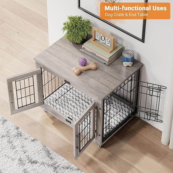 Lulive Small Dog Crate Furniture, Dog Kennel Indoor Double Doors Wooden Dog Cage, 27.1'' Heavy Duty Dog Crate with Cushion & Wheels, Decorative End Table Pet House Chew-Resistant for Small Dogs, Grey-Mewly Pet