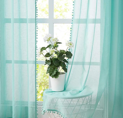 Treatmentex Pompom Sheer Curtains for Kids-Room 72" Aqua-Blue Slub Textured Window Sheer Panels for Bedroom Living Room 52" Wide, 2 Panels Rod Pocket