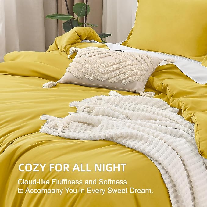 Litanika Mustard Yellow Comforter Set Queen Size, 3 Pieces Lightweight Solid Bedding Comforter Set, All Season Fluffy Bed Set (90x90In Comforter & 2 Pillowcases)