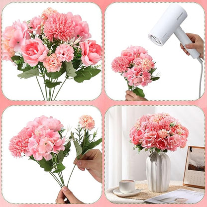 Tigeen Artificial Flowers Artificial Peonies Silk Flowers Faux Peony Fake Peony Silk Hydrangea Bouquet for Wedding Table Centerpiece Floral Vase Decor(Rose Pink,12 Bundles)