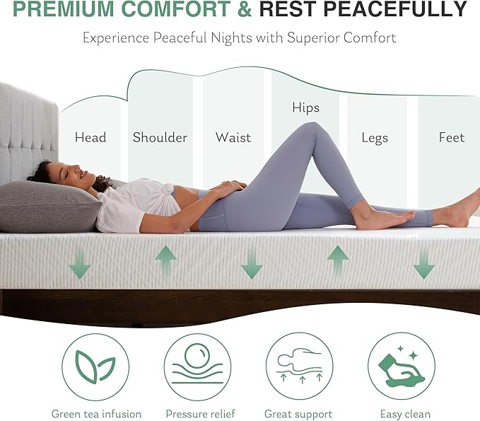Twin Mattress in a Box, 10 inch Mattresses for Kids Bed Single Size Daybed Individual Bunk, Green Tea Memory Foam Medium Firm