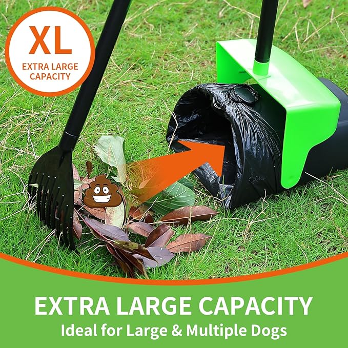 Pooper Scooper Large Swivel Bin & Rake with 160 Waste Bags,Heavy Duty Dog Pooper Scooper with Bag Attachment for Large Small Dogs, Long Handle Poop Scooper with Lid for Yard, Grass, Gravel (Green)-Mewly Pet