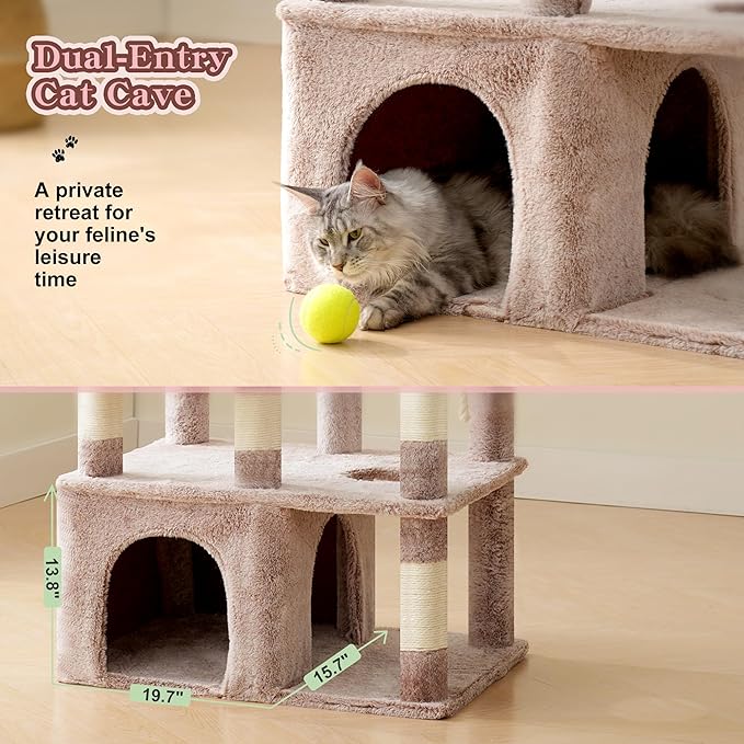 Heybly Heavy Duty Cat Tree, 71-Inch Tall Tower for Large Maine Coon with Extra-Large Baseboard, Cat Condo Furniture with Multi-Level Platforms, 2 Hammocks and 12 Scratching Posts, Muchroom HCT037MU-Mewly Pet