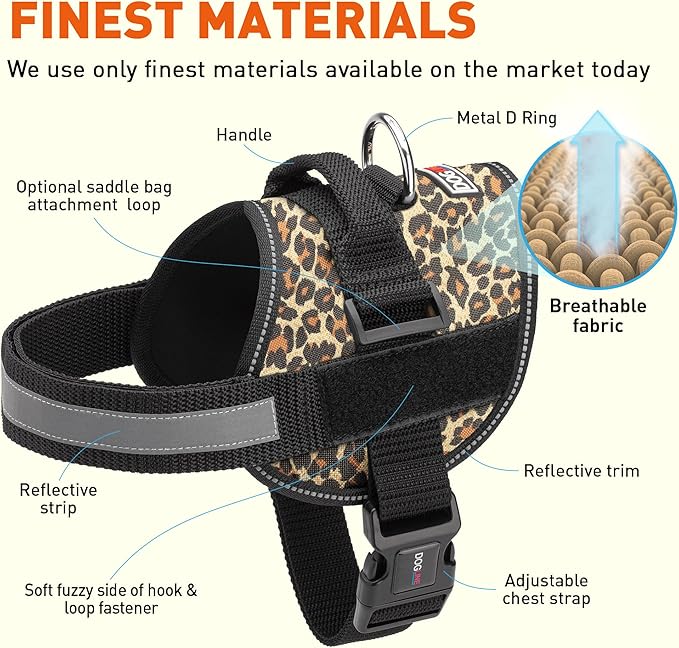 Dogline Dog Harness, Reflective No-Pull Adjustable Vest with Handle for Walking, Training, Breathable, No - Choke Harness for Small, Medium or Large Dogs Room for Patches Leopard Brown L 27"-34"-Mewly Pet