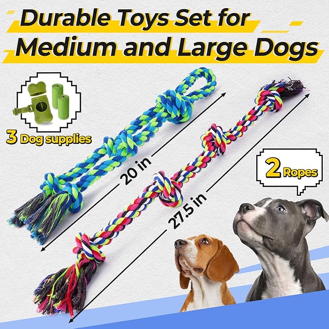 Heavy Duty Dog Rope Toys for Aggressive Chewers, Tough Tug of War Dog Toys for Large, Medium & Small Dogs – 5 Pack Including 2 Ropes & 3 Supplies-Mewly Pet