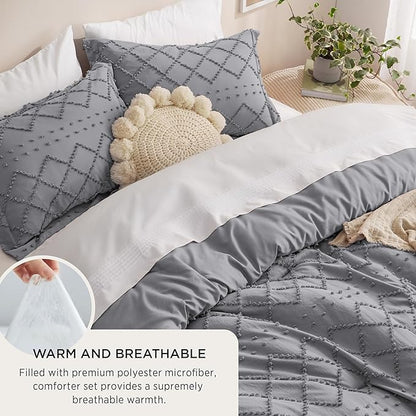 Bedsure King Comforter Set - Grey Comforter, Boho Tufted Shabby Chic Bedding for Kids, 3 Pieces Vintage Farmhouse Bed Set for All Seasons, Fluffy Soft Bedding with 2 Pillow Shams