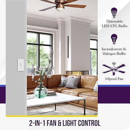 ENERLITES 3 Speed Ceiling Fan Control and Dimmer Light Switch, 2.5A Single Pole Light Fan Switch, 300W Incandescent Load, No Neutral Wire Required, 17001-F3-W, 120 Volts (AC), White, 2 Pack