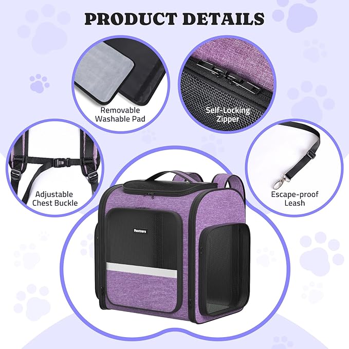 Pawtners Dog Carrier Backpacks Large Cat Backpack with Anti-Scratch Mesh, Foldable Designed Pet Backpack Carrier for Kitten Small Dogs & Large Cats Up to 18 Lbs, Dog Carrier for Travel Outdoor-Mewly Pet
