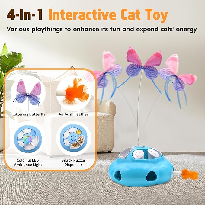 Interactive Cat Toys for Indoor Cats, 4in1 Pet Teaser Toy with Ambush Feather Wand, Motorized Fluttering Butterfly and Slow Feeder, Rechargeable Power Treat Puzzle Toy(Blue)-Mewly Pet