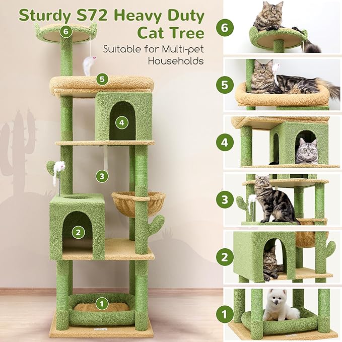 Globlazer Heavy Duty Cactus Cat Tree for Large Cats, Sturdy 72in Maine Coon Cat Tree for Large Cats 20 lbs+ Cactus Cat Tower for Adult Biggest Cats with 6 Scratching Posts, Hammock, S72, Green-Mewly Pet