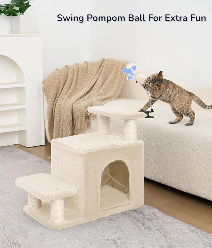 Happi N Pets Dog Stairs with Cat Scratching Post & Large Condo, Stable Pet Steps for High Beds Couch, 3 Combinations Cat Ramp Tree Tower for Cats or Small Dogs, Removable Cushion & Bonus Toy, Beige-Mewly Pet