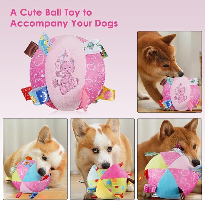 Dog Squeaky Plush Toy with Straps, 6-Inch Soft Stuffed Ball with Cotton Material and Bell Built-in, Pet Interactive Fetch Toy for Small to Large Dog-Mewly Pet