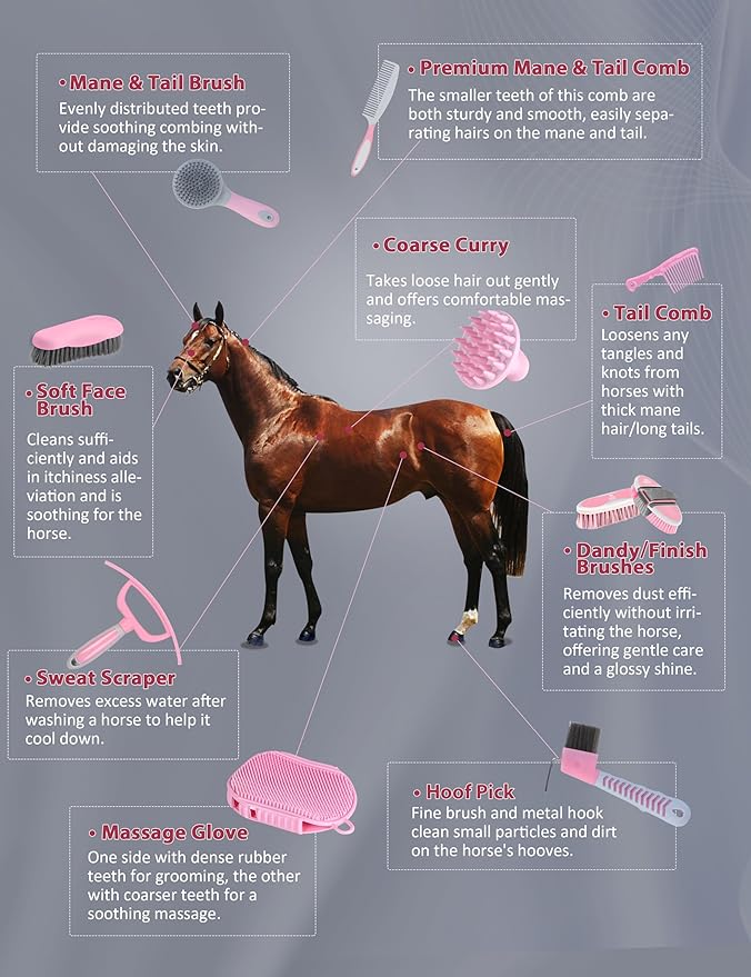 Harrison Howard Horse Grooming Kit 11-Piece Equine Care Series Horse Brush Sets with Organizer Tote Bag Tack Room Supplies Shedding Grooming Massaging Tools Pink Brushstroke Ponies-Mewly Pet
