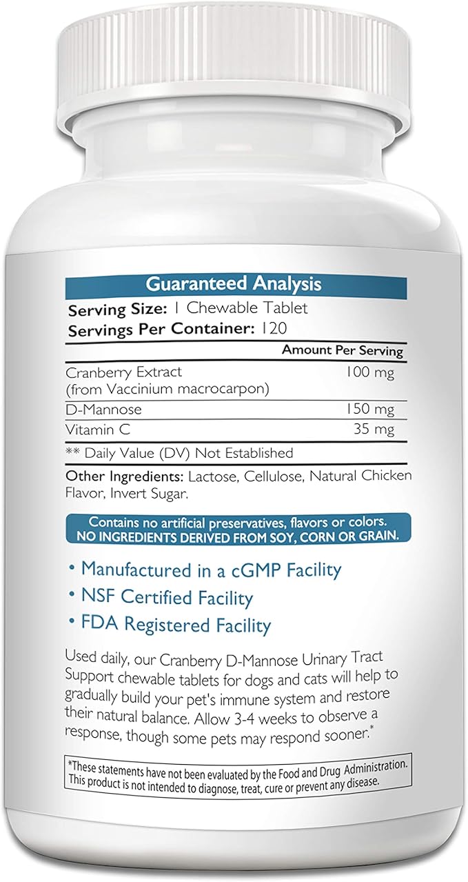 Cranberry D-Mannose for Dogs, Support for Bladder & UTI, Pet Urinary Tract + Immune Health Supplement, Cranberry for Dogs with D-Mannose & Vitamin C, 150 Chewable Tablets-Mewly Pet