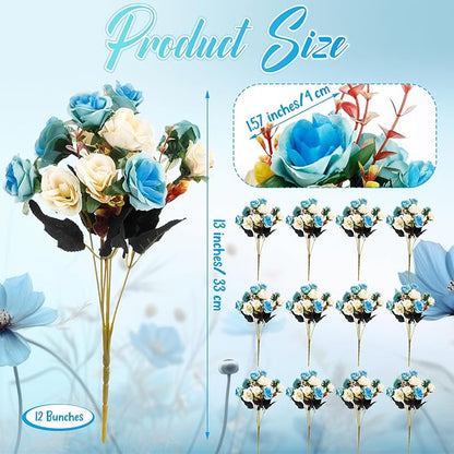 Hotop 12 Bunches of Artificial Flowers Centerpiece 13 Inches Silk Faux Roses Bouquets for Table Decoration Realistic Bouquet Arrangement Boho Faux Flowers for Wedding (Light Blue)