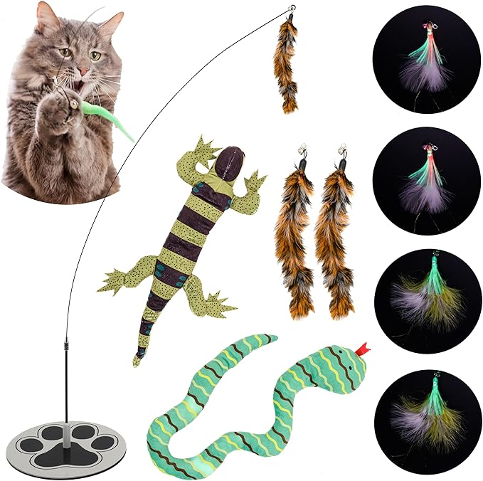Cat Wand Toy with Round Base – Interactive Feather & Glow-in-The-Dark Octopus Attachments – Suction Cup Cat Toy for Indoor Cats & Kittens-Mewly Pet