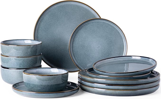 GBHOME Ceramic Dinnerware Sets for 4, 12 Pieces Stoneware Plates and Bowls Sets, Reactive Glaze Dishes -Scratch Resistant, Dishwasher&Microwave Safe, Space Blue-Mewly Pet