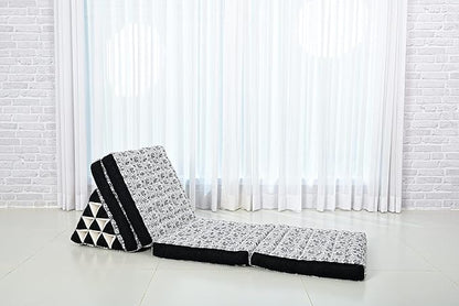 Leewadee Comfortable Japanese Floor Mattress - Thai Floor Bed with Triangle Cushion - Futon Mattress - XL Extra Long Thai Massage Mat, 89 x 20 inches, Black White, Kapok Filling