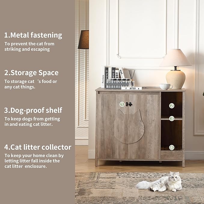 Cat-Faced Doors Cat Litter Robot Enclosure,Automatic Litter Box Enclosure for Litter Robot 3/4,Power Outlet for Litter Robot Cabinet,Litter Collector,Dog-Proof Adjustable Shelf,Grey-Mewly Pet