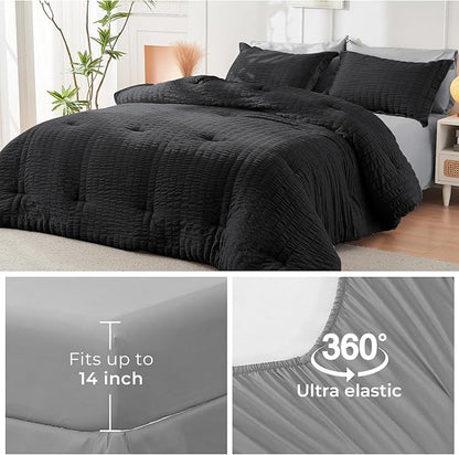 HYMOKEGE Black/Light Grey California King Comforter Set Seersucker 7 Pieces, All Season Luxury Bed in a Bag for Bedroom, Bedding Set with Comforter, Sheets, Pillowcases & Shams