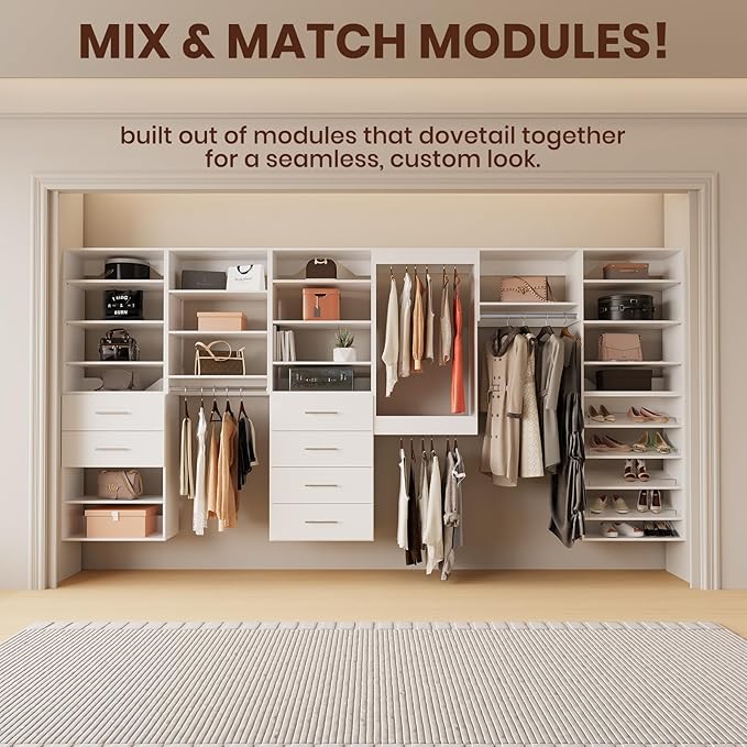 ROOMTEC 19.5" Shoe Shelf Short Tower Closet Unit, Modular Closet System with Shelf, Wardrobe Organizer for Bedroom or Walk-in Closet, Wall Mounted, Customizable Clothes Storage Unit, White