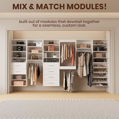 ROOMTEC 31.5" 4 Drawer Short Tower Closet Unit, Modular Closet System with Drawers and Shelf, Wardrobe Organizer for Bedroom or Walk-in Closet, Wall Mounted, Customizable Clothes Storage Unit, White