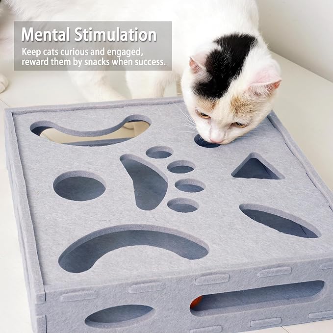 PETKARAY Felt Cat Puzzle Toy, Interactive Cat Toys for Indoor Cats, Interactive Maze for Kitten Felt Puzzle Box with Ball, Grey-Mewly Pet