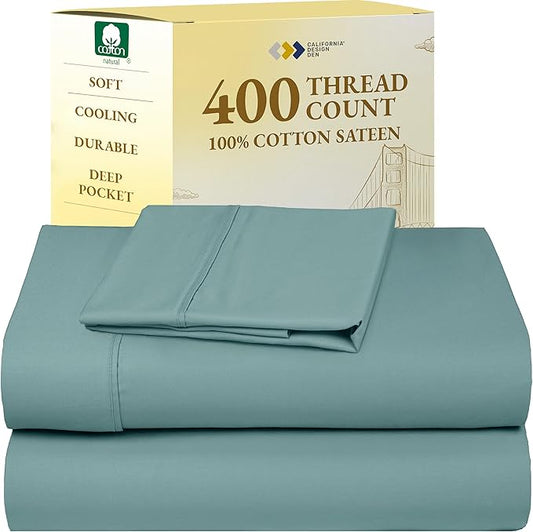 California Design Den Twin XL Sheet Sets - 400 Thread Count Sateen, 100% Cotton Sheets Set, Deep Pockets, Cooling and Durable Bedding for Dorm Rooms & Adults - Teal