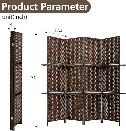 FDW Room Divider 4 Panel Wooden Screen Folding Portable Partition Screens Wood with Removable Storage Shelves Color, Dark Brown