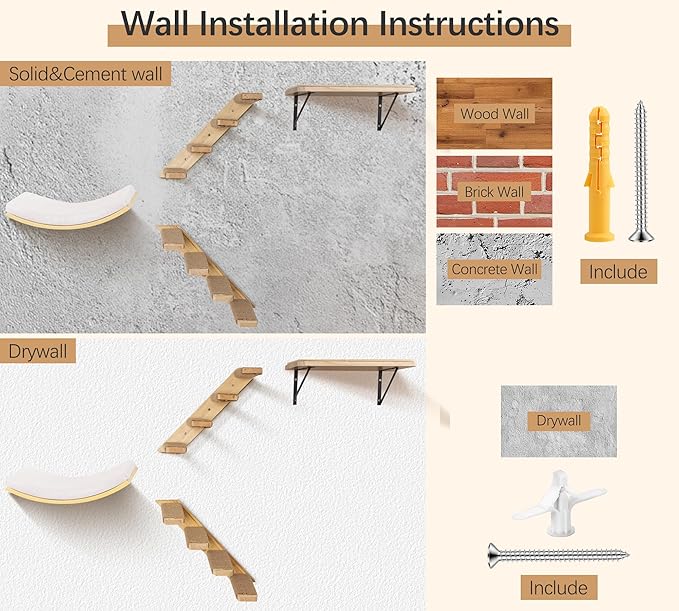 Cat Wall Shelves Set with Sisal Cats Window Perch, 4 Piece Wood Climbing Furniture with Curved Sisal Bed, Flat Shelf & Two Wall-Mounted 4 Steps Cat Stairs-Mewly Pet