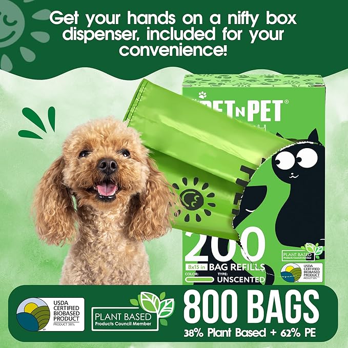 Pet N Pet 800 Counts Unscented Dog Poop Bags Rolls with Tie Handles, 38% Plant Based & 62% PE Poop Bags for Dogs, Extra-Thick Doggie Poo Bag, Pet Waste Bag-Mewly Pet