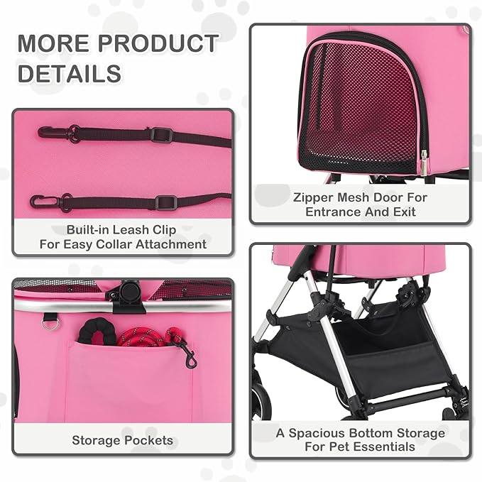 MoNiBloom Pet Stroller for Small/Medium Dogs w/Detachable Carrier & Lightweight Aluminum Frame, Folding Jogging Travel Stroller, Pink-Mewly Pet